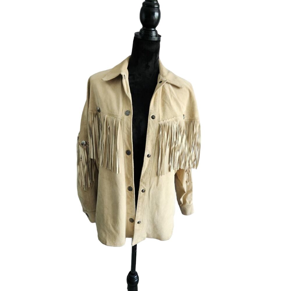 VINTAGE Positano Women's western rodeo Beige Leather Suede jacket with Fringes M
